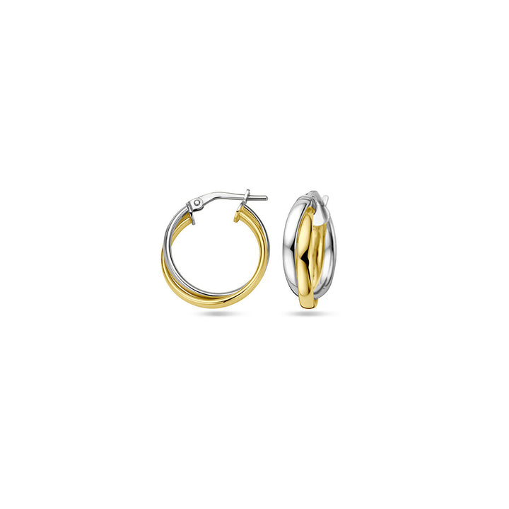 Een paar kleine Van der Kooij Collectie oorringen 1 micron zilver verguld (geel/rhodium) met verstrengelde gouden en zilveren banden, afgebeeld op een witte achtergrond - één van voren en één van opzij.