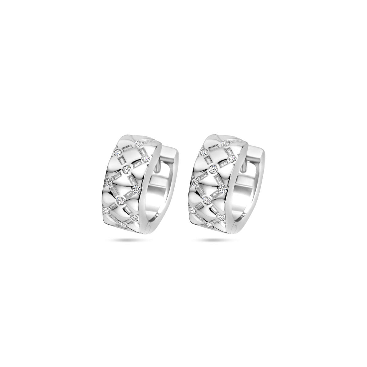 Klapp-Ohrringe aus rhodiniertem Silber mit Zirkonia, 13 mm breit und geflochtenem Design