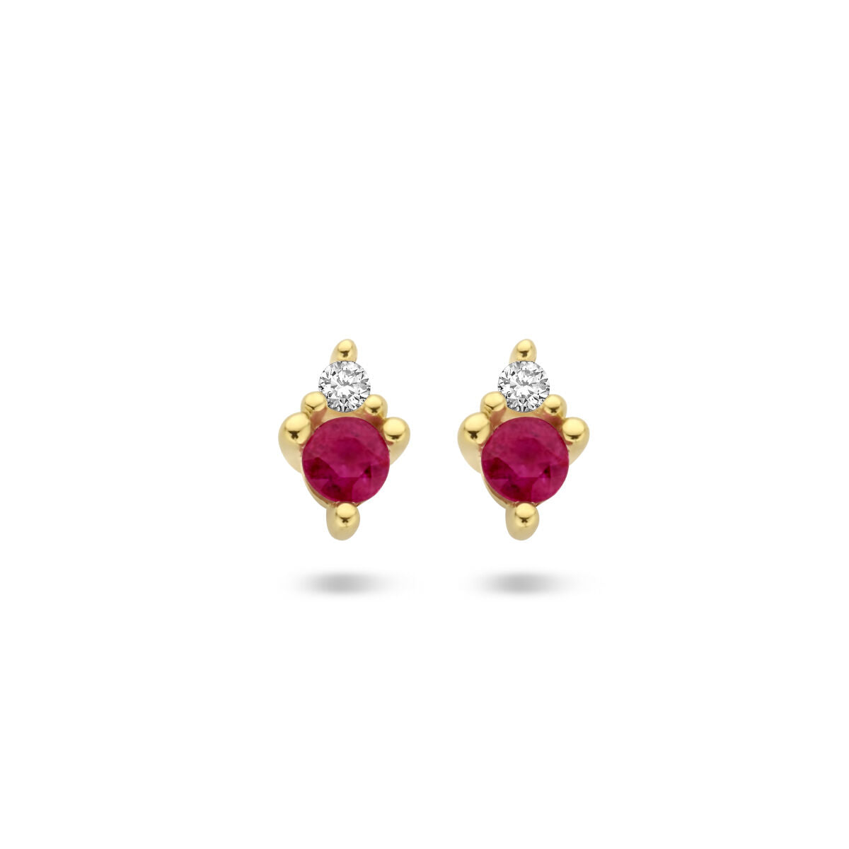 Ohrstecker aus 14K Gelbgold mit roten Rubinen und zwei kleinen Diamanten