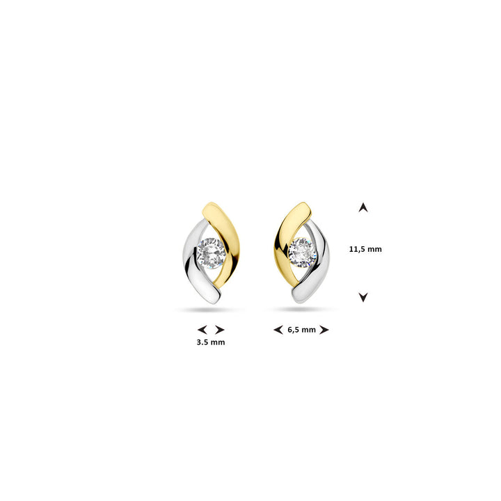 Van der Kooij Collectie oorknoppen zirkonia 1 micron zilver verguld (geel/rhodium): kleine studs met ronde zirkonia, deels geelverguld en deels 925 zilver. Afmetingen: 11,5 mm hoog, 6,5 mm breed, 3,5 mm diep.
