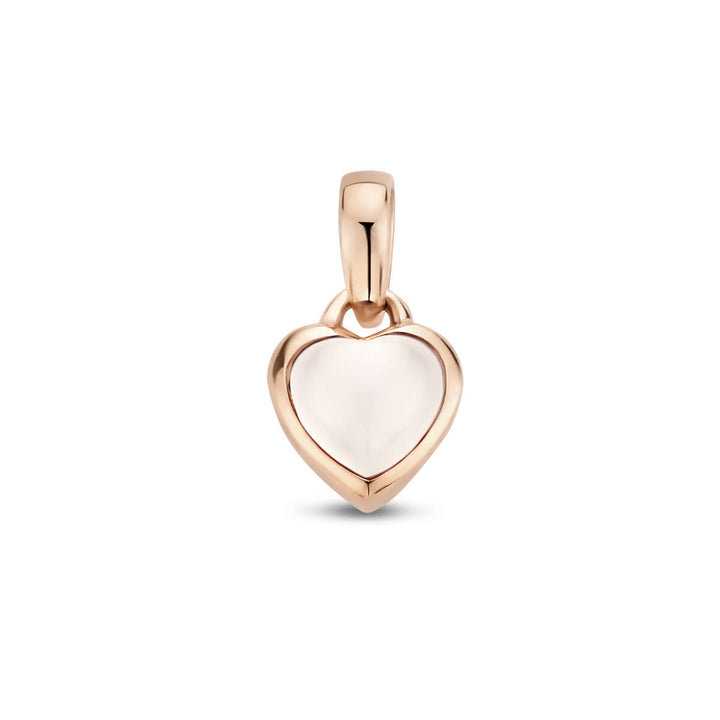 De hanger hart maansteen 14K roségoud van de Van der Kooij Collectie toont een blije, doorschijnende maansteen in een hartvormig ontwerp op een effen witte achtergrond.