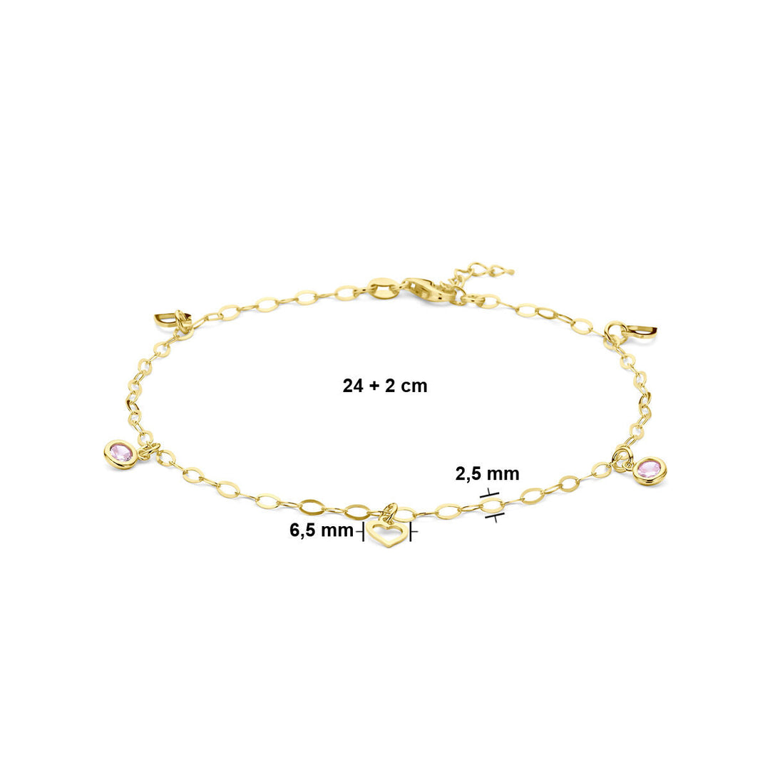 Fußkettchen Herz und rosa Zirkonia 24 + 2 cm 3 Mikron Silber vergoldet (gelb)