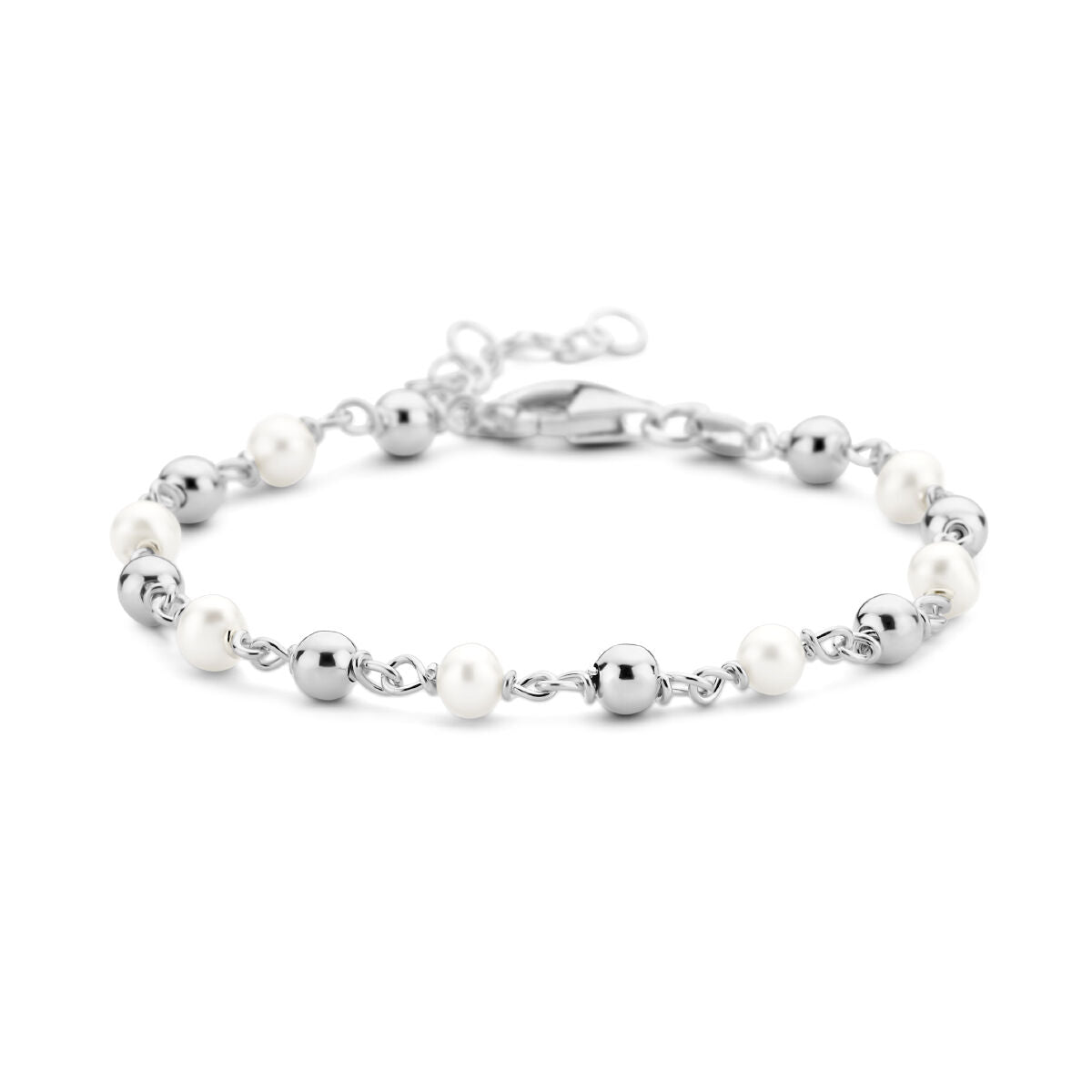Armband aus rhodiniertem Silber mit Perlen und runden Kugeln, Länge 16 + 3 cm