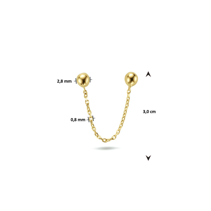 Dubbele oorknop bolletjes 14K geelgoud van Van der Kooij Collectie: gouden ketting oorbel met twee bolletjes van 2,8 mm, kettingdikte 0,8 mm, totaal 3 cm lang. Stijlvolle damesoorbel in geelgouden design. Met maataanduiding op de foto.