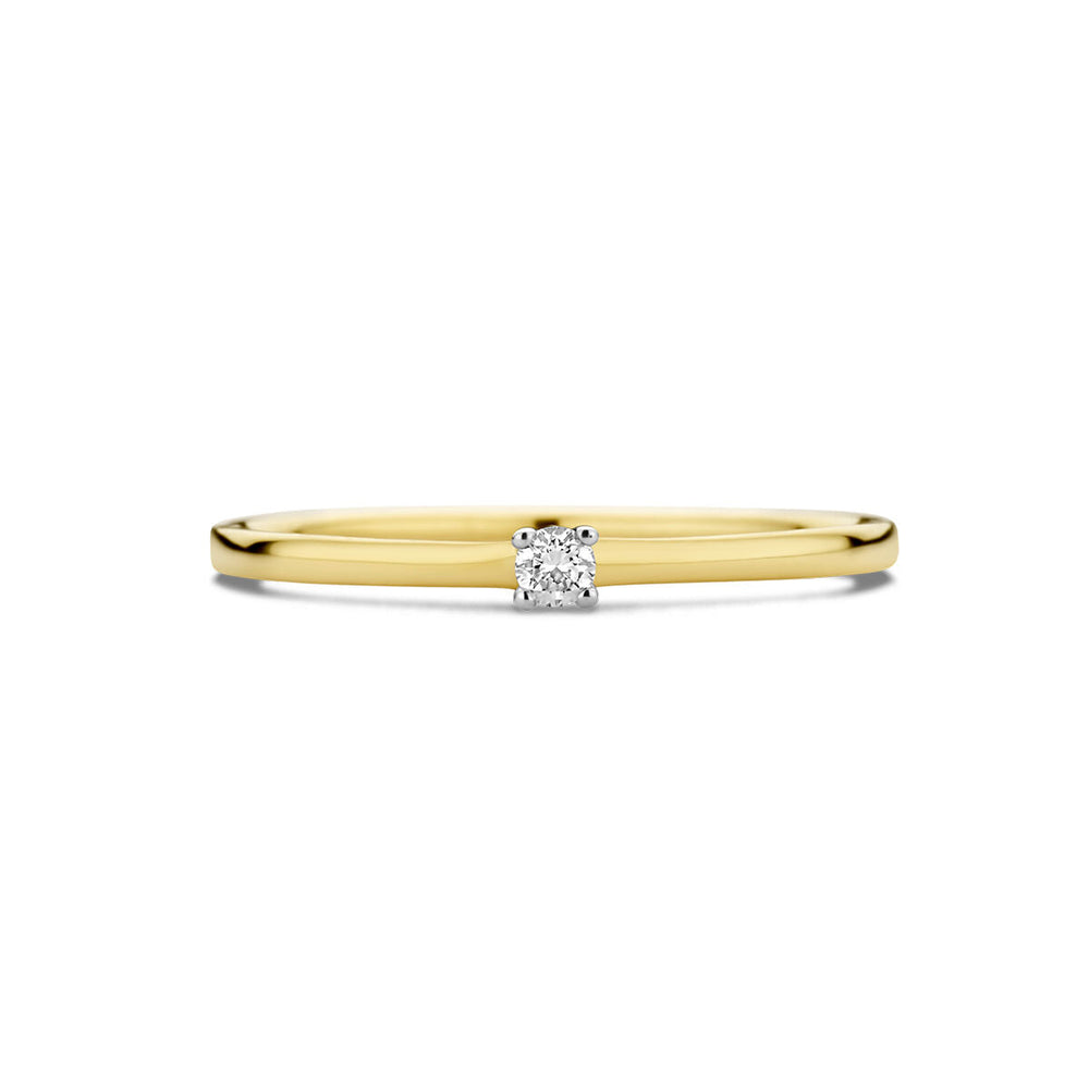 Deze elegante Van der Kooij Collectie aanzoeksring heeft een 0,05ct H SI diamanten solitaire in een eenvoudige tandzetting op een dunne 14K bicolor goud geel/wit band-een tijdloze keuze voor diamanten ring dames.