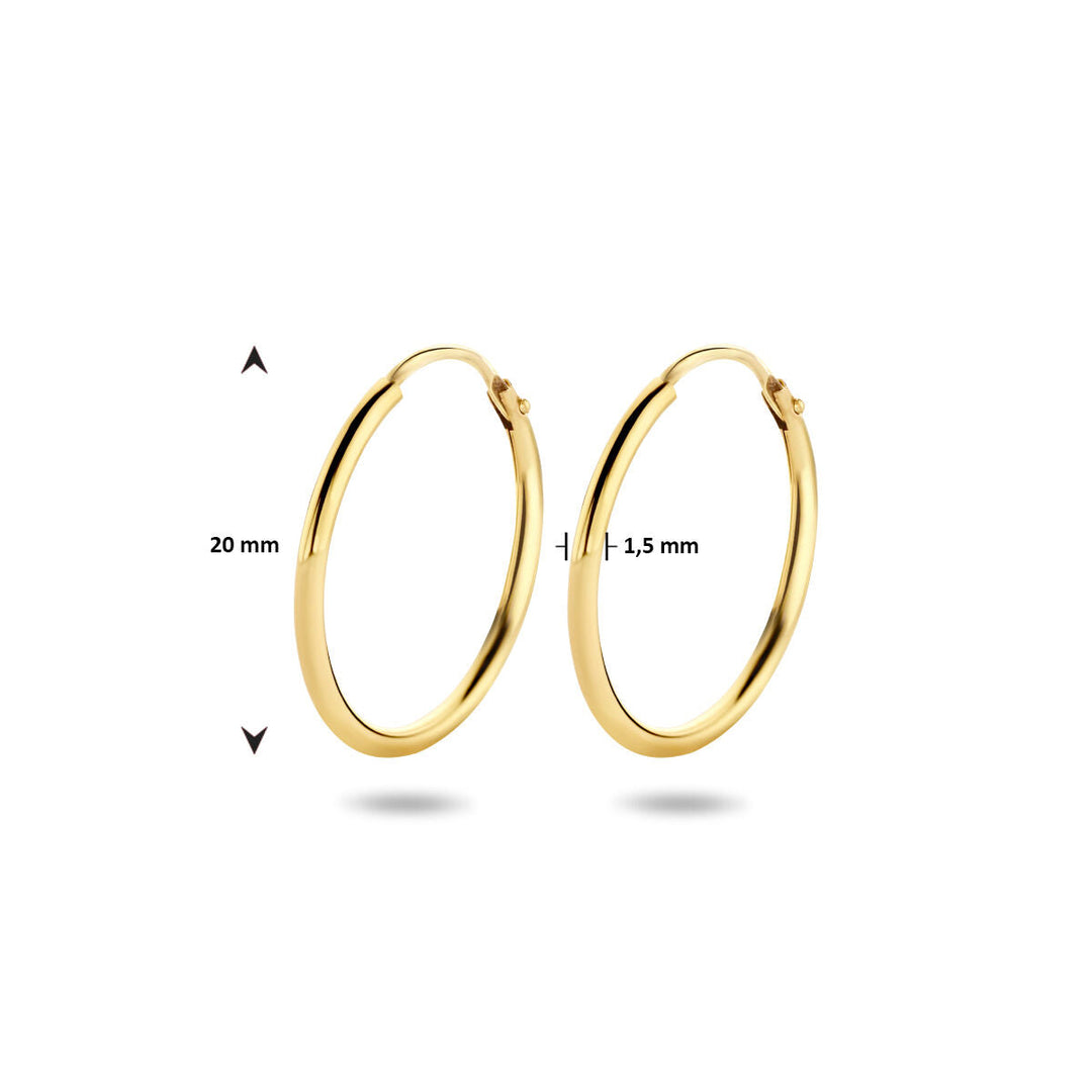 De oorringen 1,5 mm ronde buis van de Van der Kooij Collectie zijn vervaardigd uit 14K geelgoud, hebben een diameter van 20 mm en worden zij aan zij getoond op een witte achtergrond.