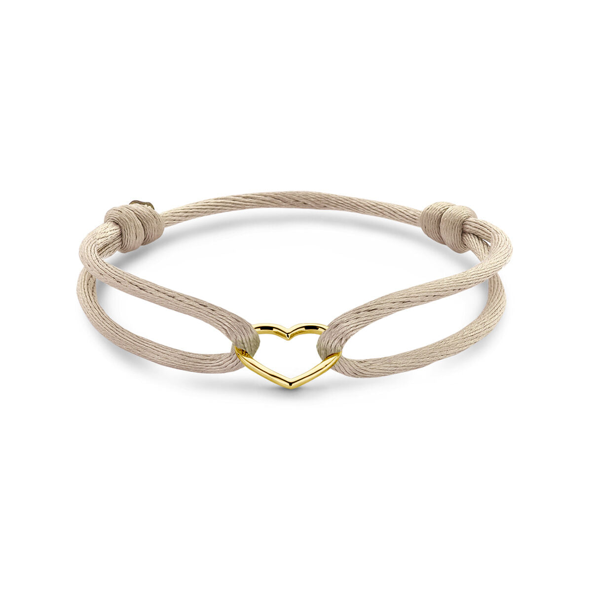Armband aus beigem Satin mit goldenem Herz und Knoten, verstellbar von 13 bis 26 cm