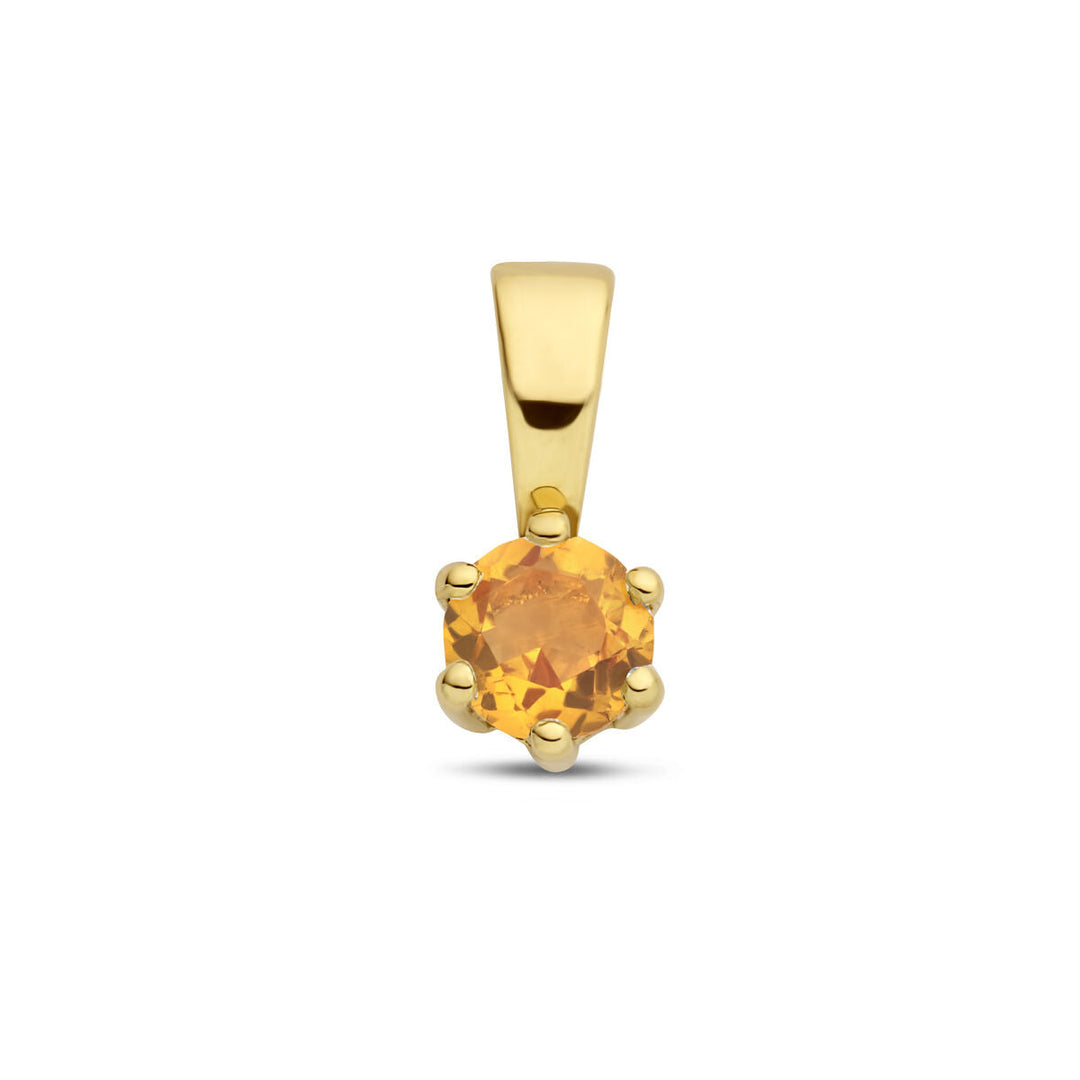 De hanger met geboortesteen 14K geelgoud uit de Van der Kooij Collectie heeft een ronde, gefacetteerde oranje saffier in zes zetpootjes, getoond tegen een effen witte achtergrond.