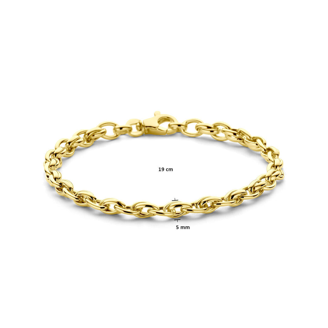 De Gouden armband dames 14K uit de Van der Kooij Collectie heeft ovalen schakels, een karabijnsluiting en meet 19 cm lang bij 5 mm breed, prachtig gepresenteerd op een witte achtergrond.