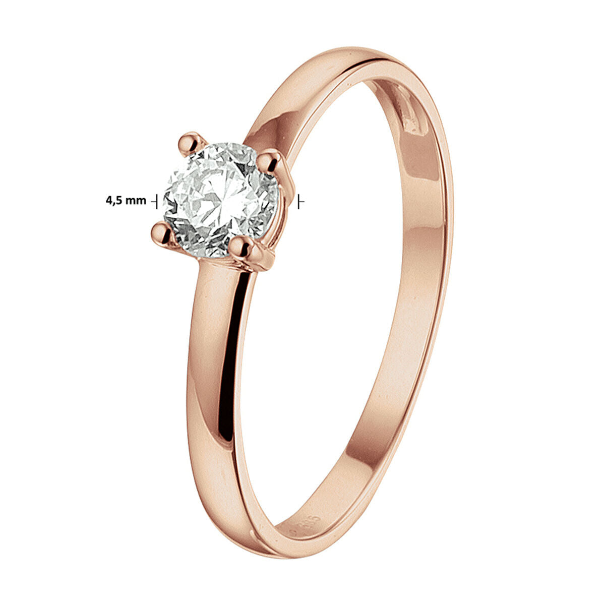 De Van der Kooij Collectie ring zirkonia 14K roségoud heeft een gladde, glanzende band die langzaam taps toeloopt naar een ronde witte zirkonia solitaire gezet in vier tanden, waarbij de steen een diameter van 4,5 mm heeft.