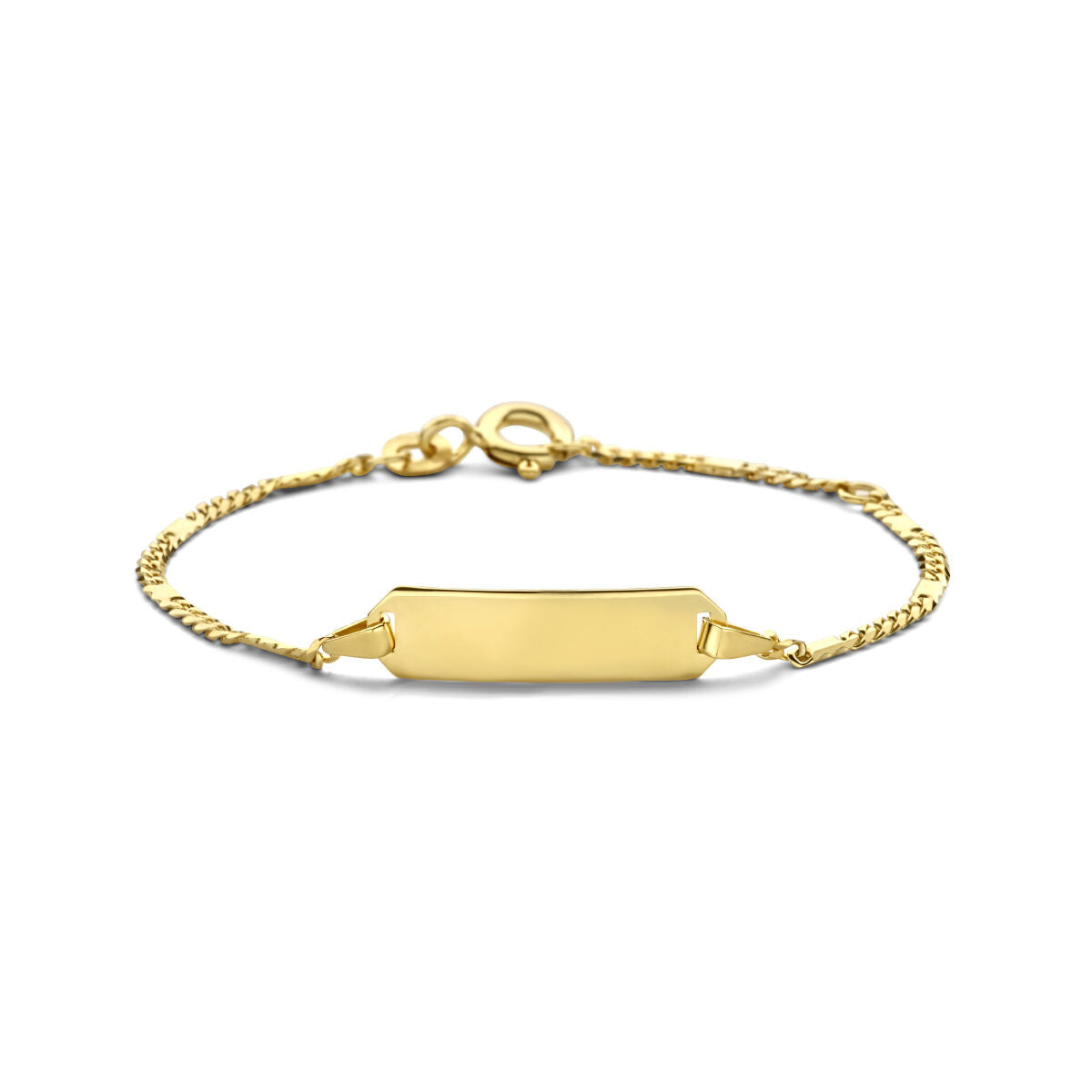 Gravurarmband aus 14K Gelbgold mit flacher Plakette und geflochtenem Armband