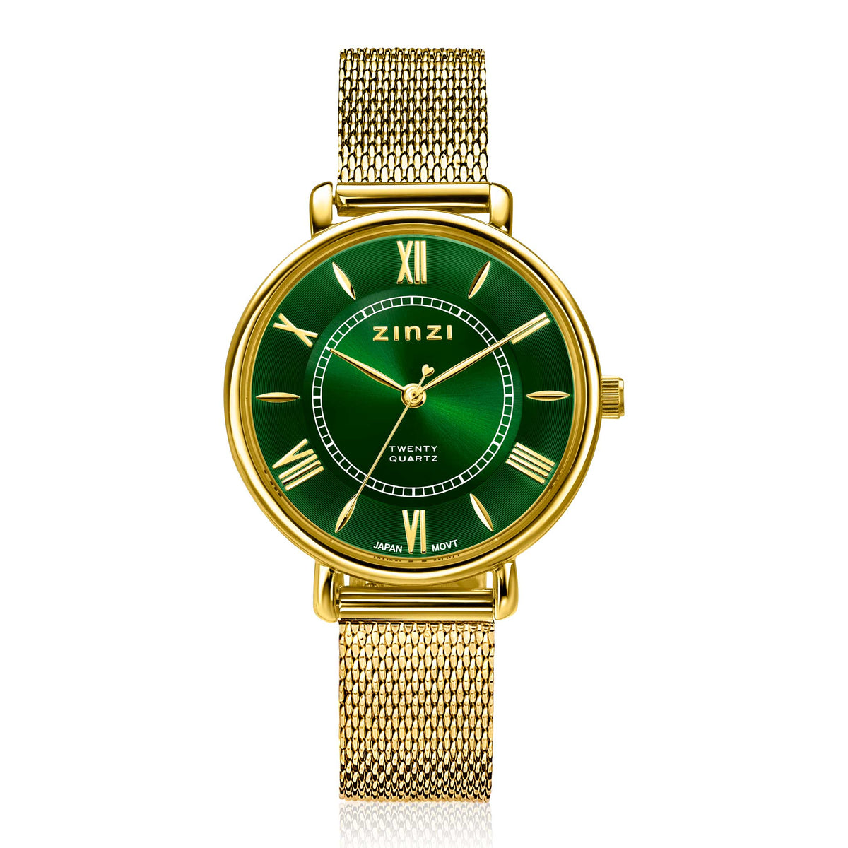 Goldfarbenes Armbanduhr mit grünem Zifferblatt und Mesh-Armband
