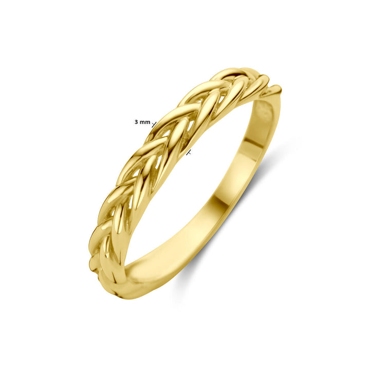 De Van der Kooij Collectie ring gevlochten 14K geelgoud heeft een gepolijste afwerking en een gedraaid vossestaart schakelmotief langs de band, weergegeven op een witte achtergrond.