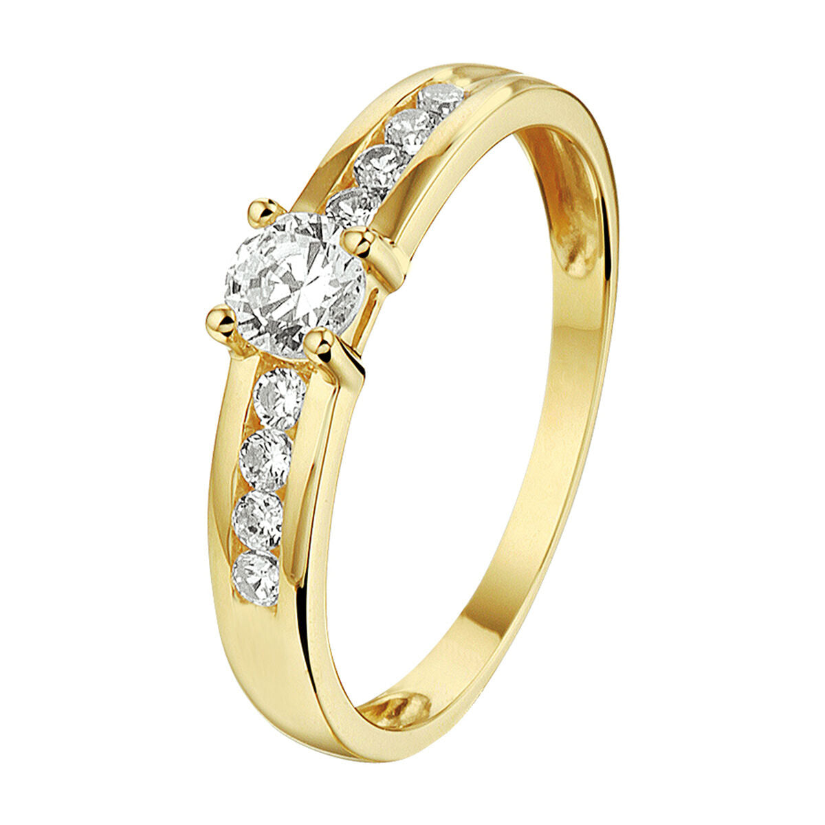 Ring aus 14K Gelbgold mit rundem Zirkonia in der Mitte und sechs weiteren Zirkonias.