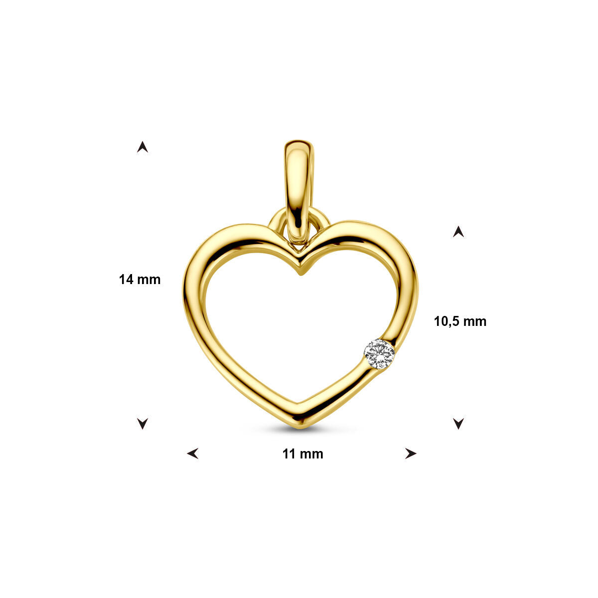 De Van der Kooij Collectie hanger hart en diamant 0,01ct h p1 14K geelgoud is voorzien van een kleine diamant en meet 14 mm hoog, 11 mm breed en 10,5 mm van boven tot binnenbocht - een elegante valentijnssieraad.