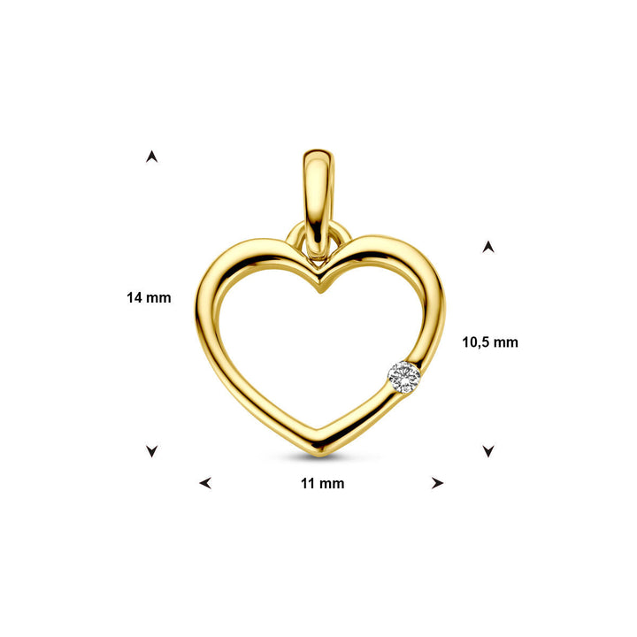 De Van der Kooij Collectie hanger hart en diamant 0,01ct h p1 14K geelgoud is voorzien van een kleine diamant en meet 14 mm hoog, 11 mm breed en 10,5 mm van boven tot binnenbocht - een elegante valentijnssieraad.