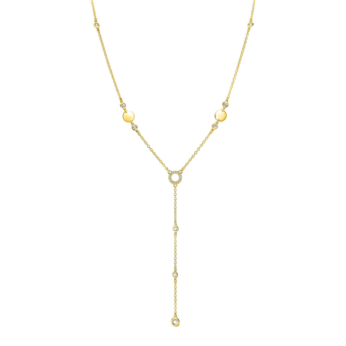 Y-Collier aus vergoldetem Silber mit weißen Zirkonia, 45 cm lang, mit runden und tropfenförmigen Elementen