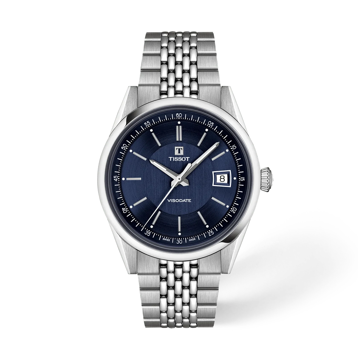 Herrenarmbanduhr mit silbernem Mesh-Armband und blauem Zifferblatt, Datumsanzeige bei 3 Uhr
