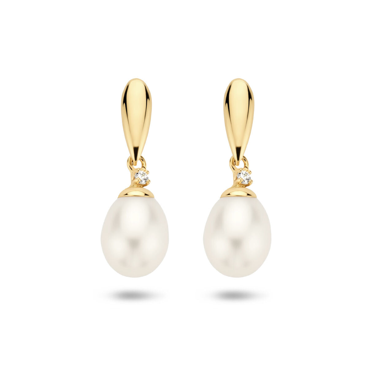 Ohrhänger aus 14K Gelbgold mit einer Perle und Zirkonia, tropfenförmiges Design