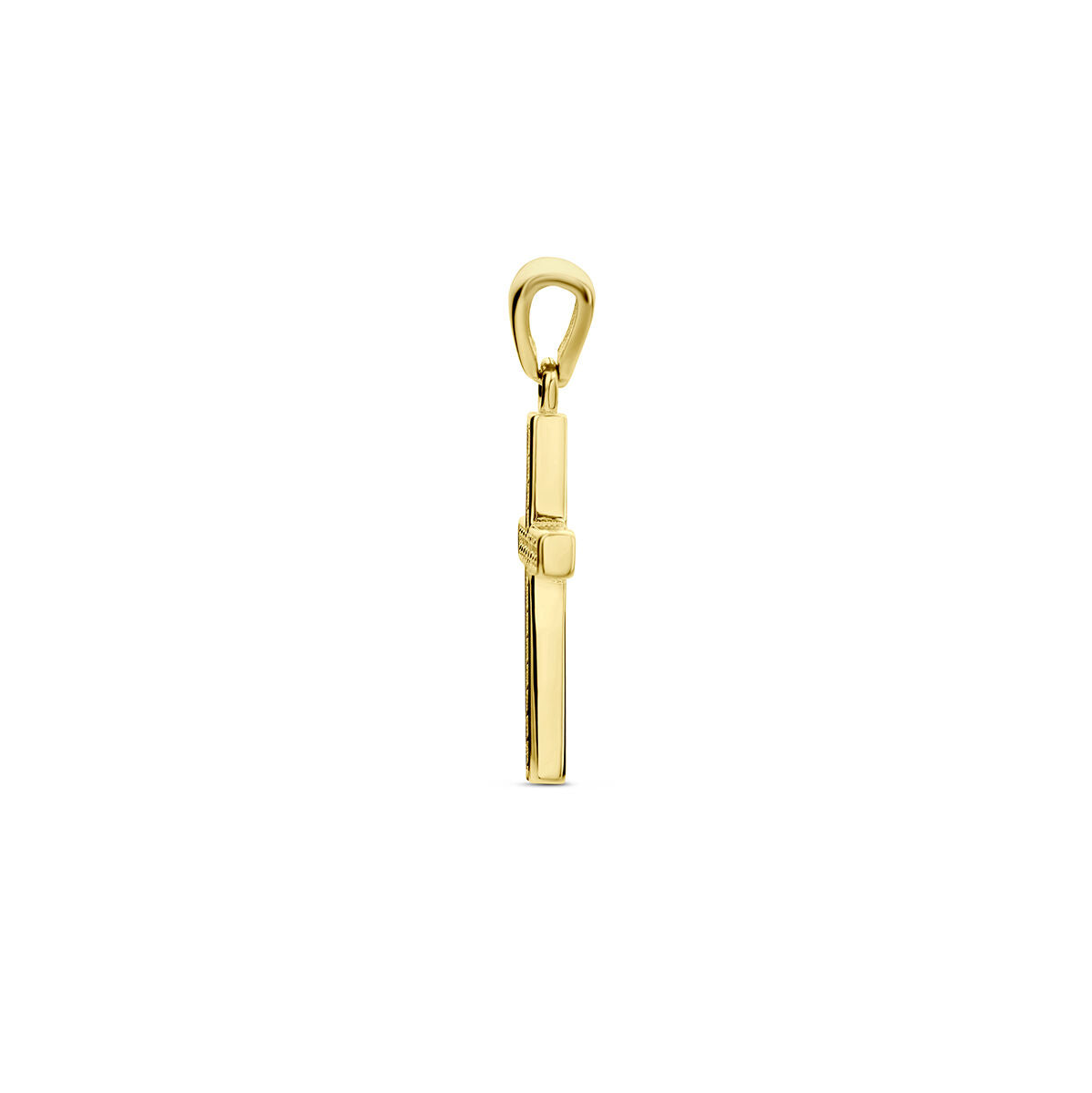 De hanger kruis zirkonia 14K geelgoud van Van der Kooij Collectie heeft een strak verticaal staafontwerp met subtiele details, gefotografeerd op een witte achtergrond: een tijdloos unisex-sieraad.