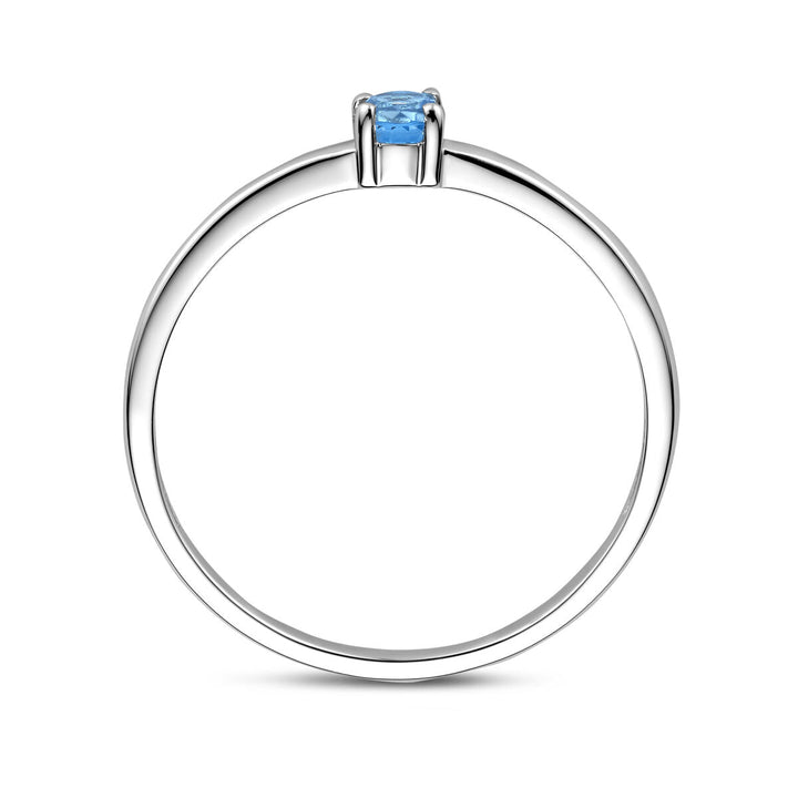 De Van der Kooij Collectie ring met geboortesteen blauw topaas voor december is uitgevoerd in gerhodineerd zilver, met een ronde topaas in een chatonzetting, getoond vanaf de zijkant op een witte achtergrond.