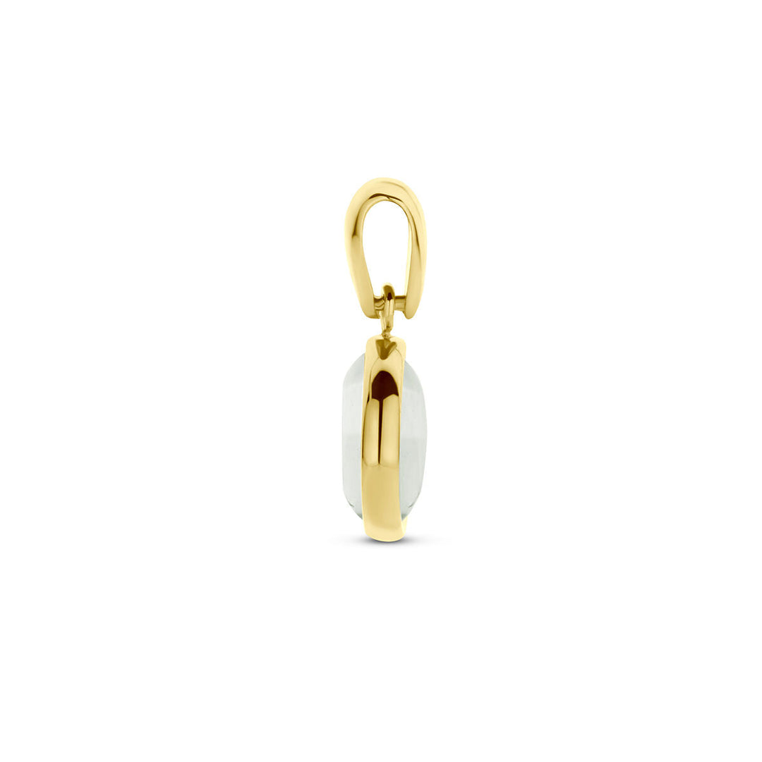 De Van der Kooij Collectie "hanger groen amethist 14K geelgoud" wordt getoond vanaf de zijkant, met een ronde geelgouden lus en gladde groene amethist, gedeeltelijk omhuld met goud. De minimale, moderne stijl verschijnt tegen een witte achtergrond.