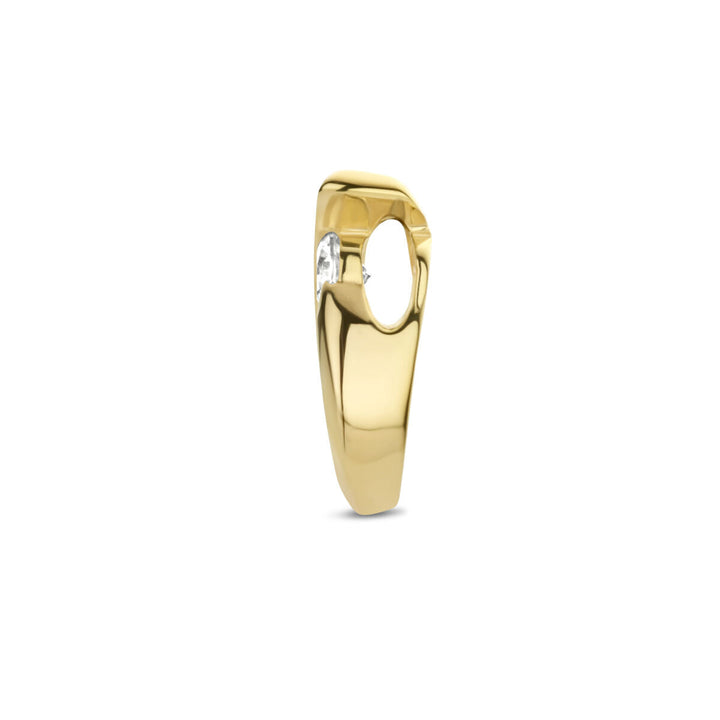 De Van der Kooij Collectie hanger druppel zirkonia in 14K geelgoud heeft een moderne sculpturale ovale uitsnede en een kleine heldere zirkoon, afgebeeld tegen een witte achtergrond-een gedurfd statement voor dames sieraden fans.
