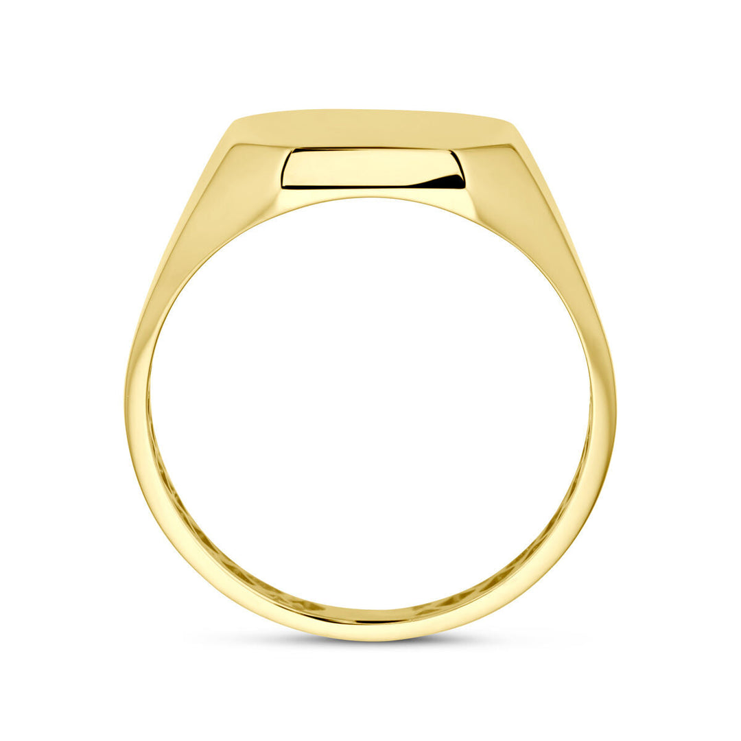 Een moderne graveerring 14K geelgoud uit de Van der Kooij Collectie, met een gladde, gepolijste afwerking. De ronde band en het vlakke, rechthoekige bovenstuk zijn duidelijk zichtbaar van de zijkant.