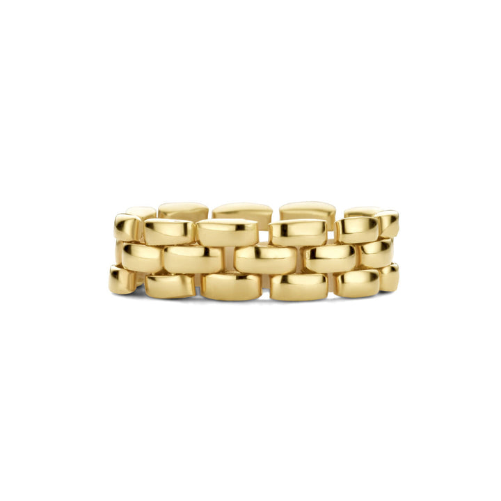 De ring flexibele schakel 14K geelgoud uit de Van der Kooij Collectie is een damesring met brede, verweven schakels en wordt stijlvol gepresenteerd tegen een witte achtergrond.