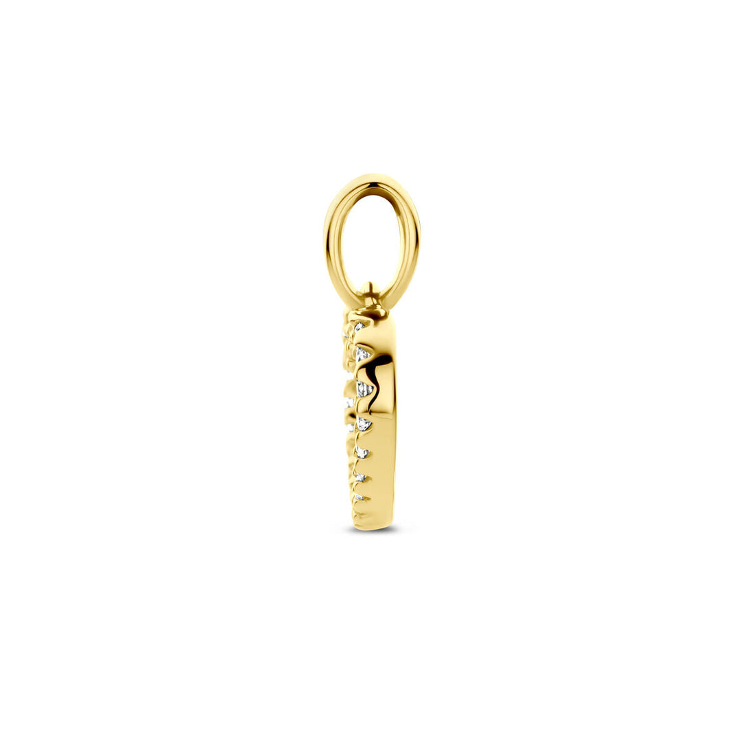 Zijaanzicht van de Van der Kooij Collectie hanger hart en diamant h si 14K geelgoud, met een ronde lus en een rij witte stenen, perfect als valentijnscadeau, getoond op een witte achtergrond.