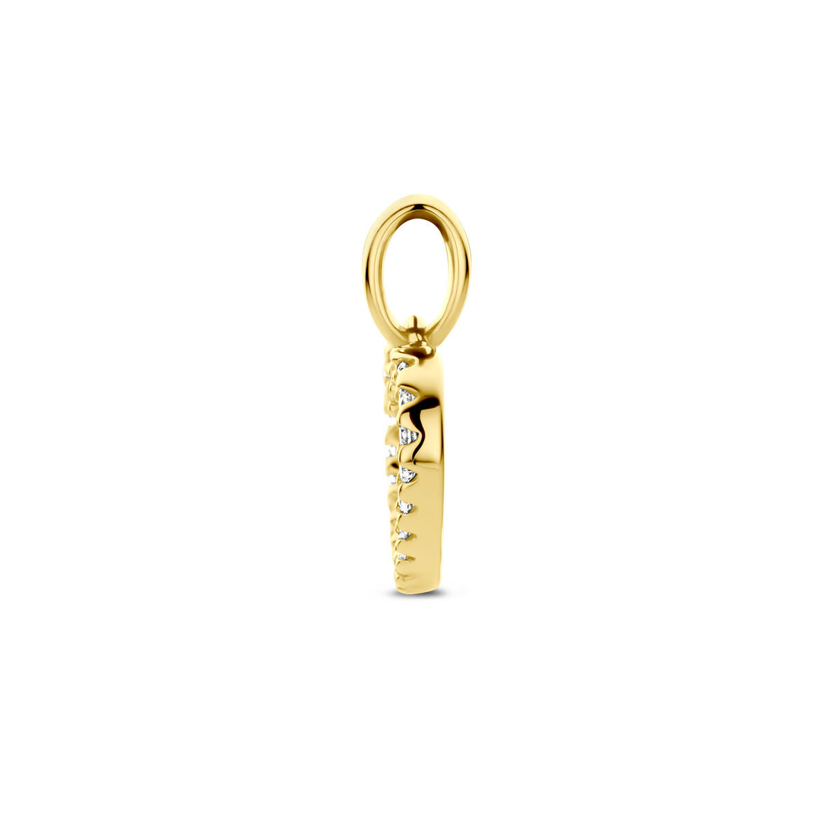Zijaanzicht van de Van der Kooij Collectie hanger hart en diamant h si 14K geelgoud, met een ronde lus en een rij witte stenen, perfect als valentijnscadeau, getoond op een witte achtergrond.