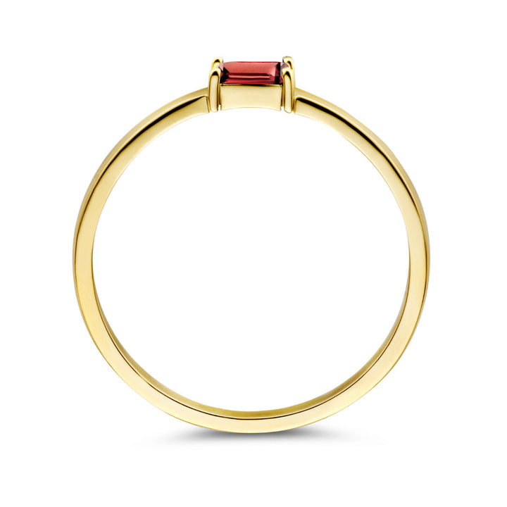 Een dunne 14K geelgouden ring van Van der Kooij Collectie met een rechthoekige granaat geboortesteen voor januari, bevestigd met twee poten, getoond van opzij tegen een witte achtergrond.