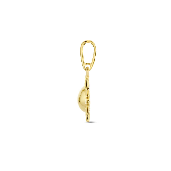 Een hangerzon 14K geelgoud uit de Van der Kooij Collectie is van opzij gefotografeerd tegen een witte achtergrond. Het gladde, ronde oppervlak en de gepolijste lus voor bevestiging aan een ketting of armband zijn zichtbaar.