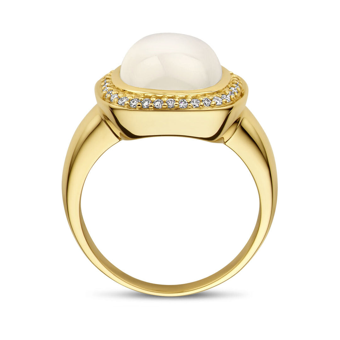 Ring weißer Mondstein und Diamant 0,20 ct h Si Halo 14K Gelbgold
