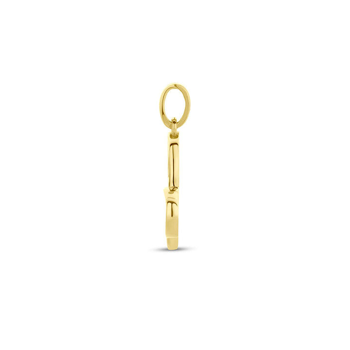 Een 14K geelgouden hanger vlinder van Van der Kooij Collectie, met een ronde haak en kleine hoepel, wordt getoond vanaf de zijkant tegen een witte achtergrond, waardoor de strakke en gepolijste afwerking wordt benadrukt.