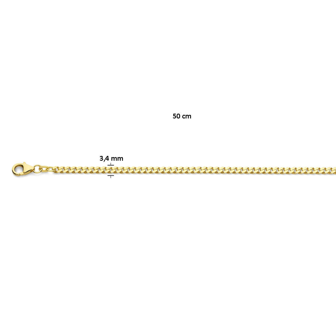 Gouden ketting heren - gourmette 4-zijdes geslepen, massief 14K geelgoud, 3,4 mm dik en 50 cm lang met karabijnsluiting. Getoond op witte achtergrond met afmetingen. Van der Kooij Collectie luxe sieraden.