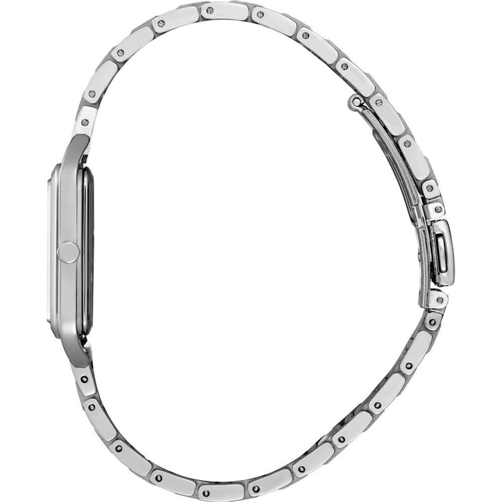 Een strak zilveren polshorloge met een minimalistisch design, afgebeeld in een zijaanzicht. Het Seiko dameshorloge SWR075P1 heeft een dun profiel en een metalen schakelband gemaakt van roestvrij staal, aangestuurd door een nauwkeurig quartz uurwerk.