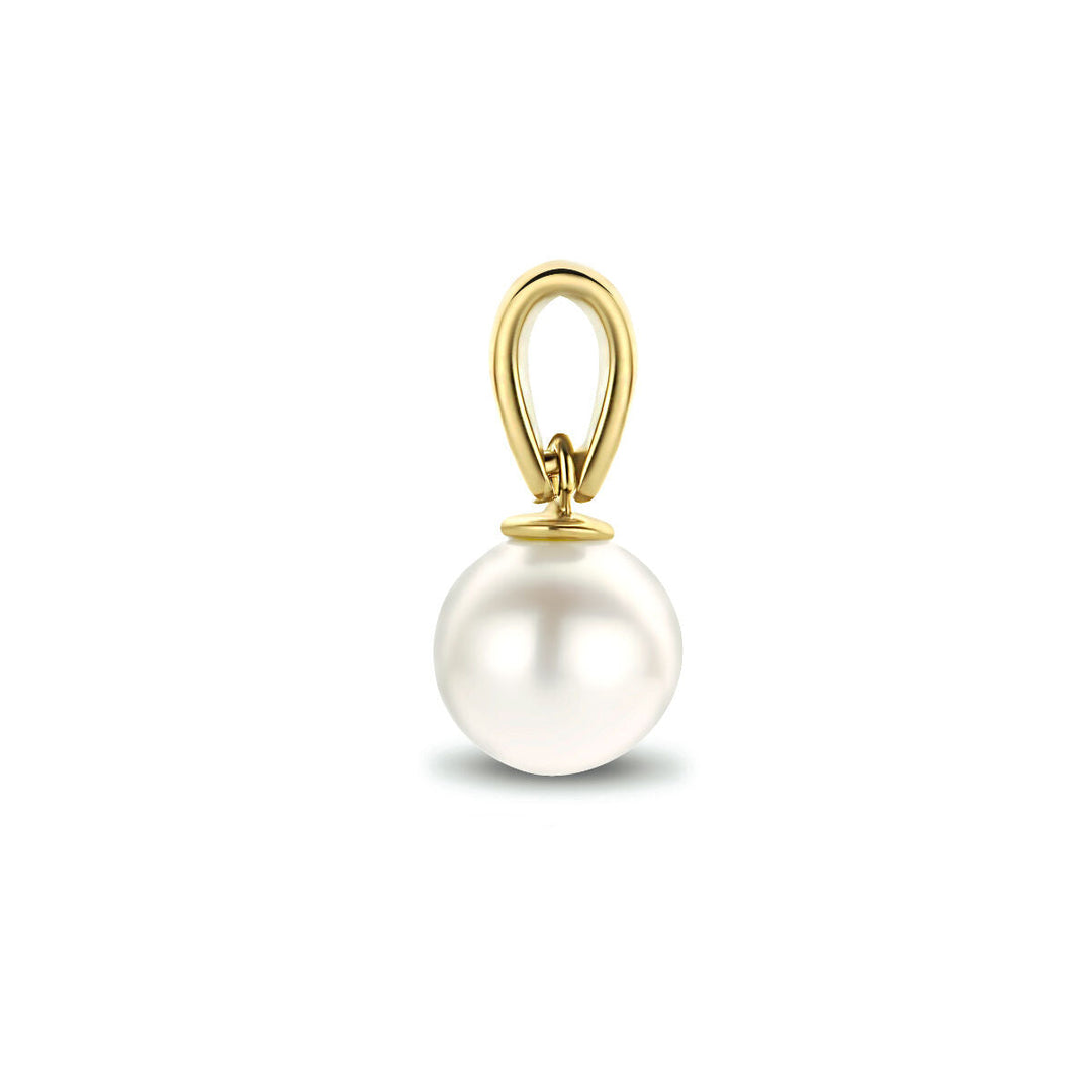 Elegante hanger parel 14K geelgoud van Van der Kooij Collectie: een enkele gladde witte parel op een verfijnde gouden bail, geshowd tegen een witte achtergrond-een tijdloze toevoeging aan elke sieradencollectie.