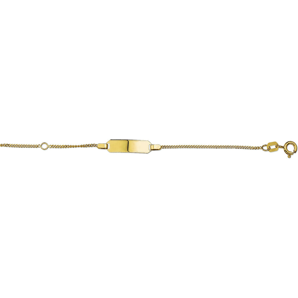 De Van der Kooij Collectie graveerarmband gourmet plaat 5 mm 9-11 cm is een dunne 14K geelgouden ID-armband met een rechthoekige middenplaat, strakke gourmette ketting en een kleine ronde veersluiting.
