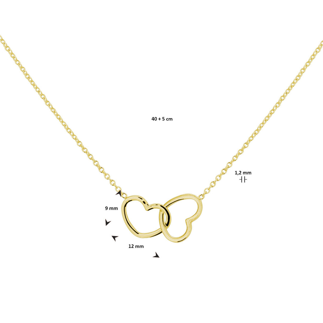 Van der Kooij Collectie collier hartjes: 40 + 5 cm goudverguld (3 micron) met twee open hartjes (9 mm hoog, 12 mm breed, 1,2 mm dik)-ideaal als hartjes ketting voor Valentijnscadeau.