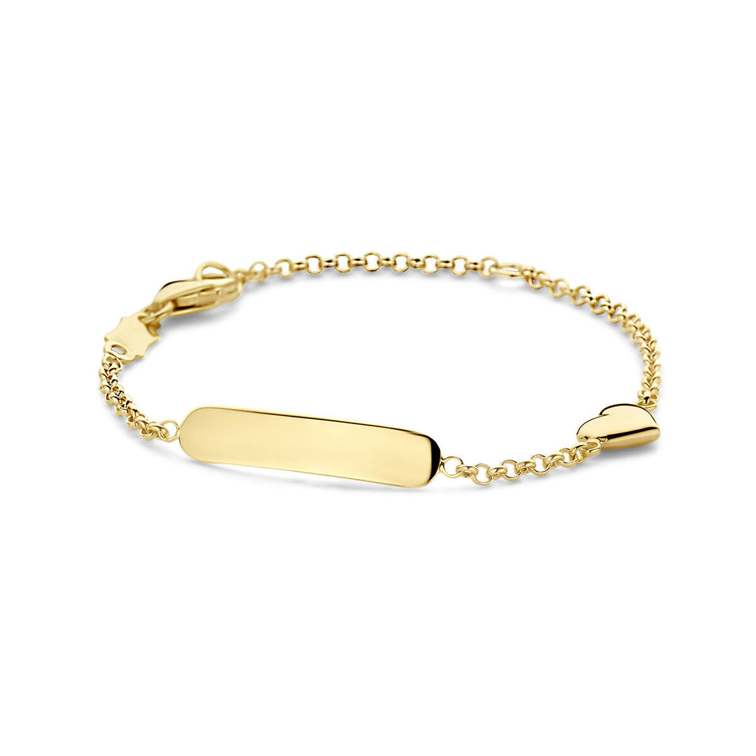 De Van der Kooij Collectie Baby armband goud hart plaat 3,5 mm 14K heeft een delicaat rechthoekig naamplaatje, een klein hart bedeltje aan één kant en wordt gesloten met een karabijnsluiting.