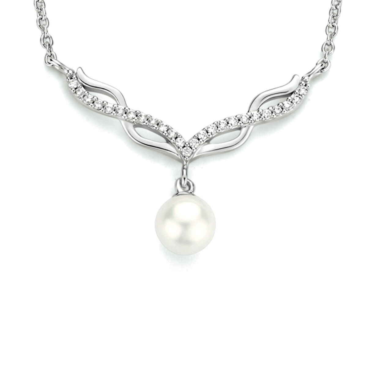 Collier aus rhodiniertem Silber mit Zirkonia und einer weißen Perle als Anhänger