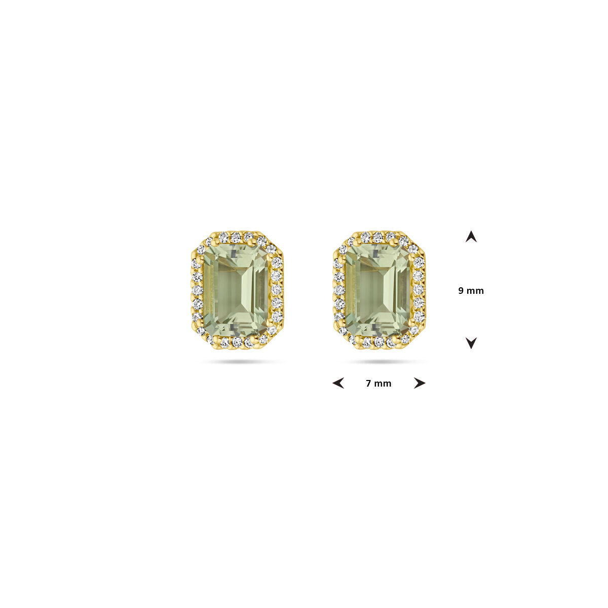 Van der Kooij Collectie oorknoppen in 14K geelgoud met rechthoekige groene amethist en een halo van 0,14ct diamanten (2x0,07ct, H SI), afmetingen 9x7mm, getoond op witte achtergrond.