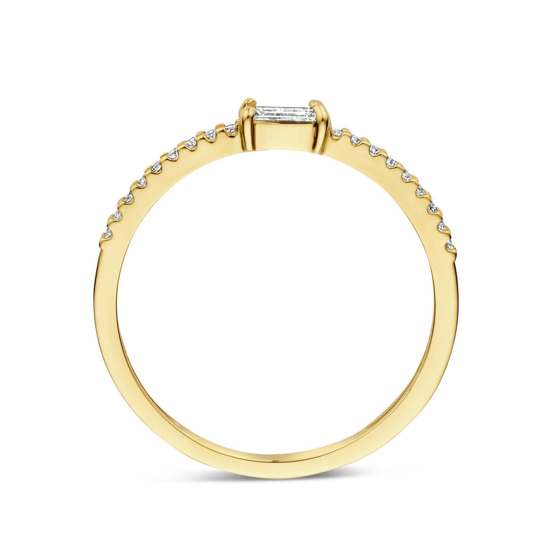 De Van der Kooij Collectie ring zirkonia 14K geelgoud heeft een dunne band, kleine ronde diamanten op de bovenste helft en een rechthoekige zirkonia baguette gezet in de lengte in het midden.