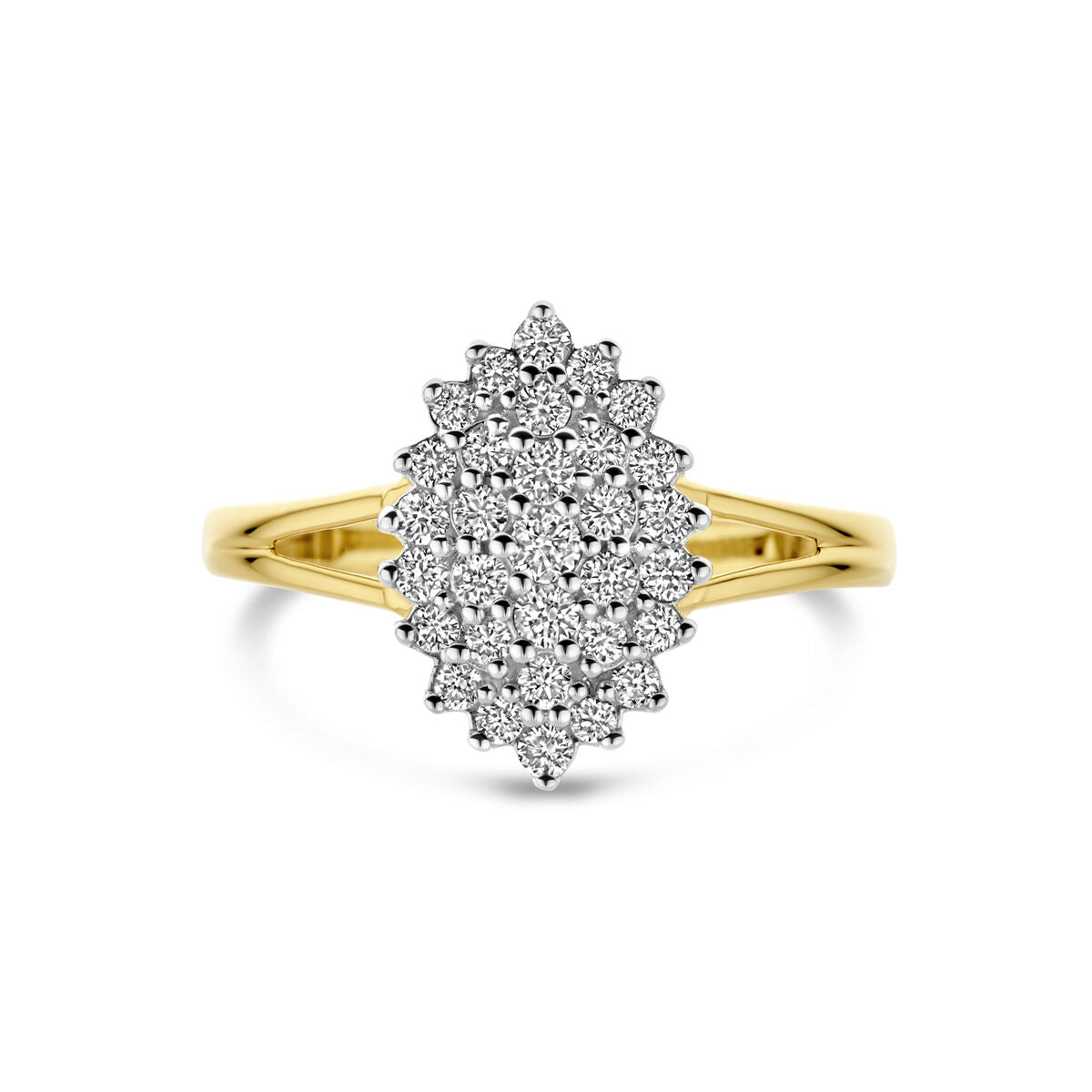 De Van der Kooij Collectie ring lab-grown diamant 0,48ct H SI in 14K geelgoud heeft een marquise cluster van fonkelende diamanten in een prachtig bloemmotief.