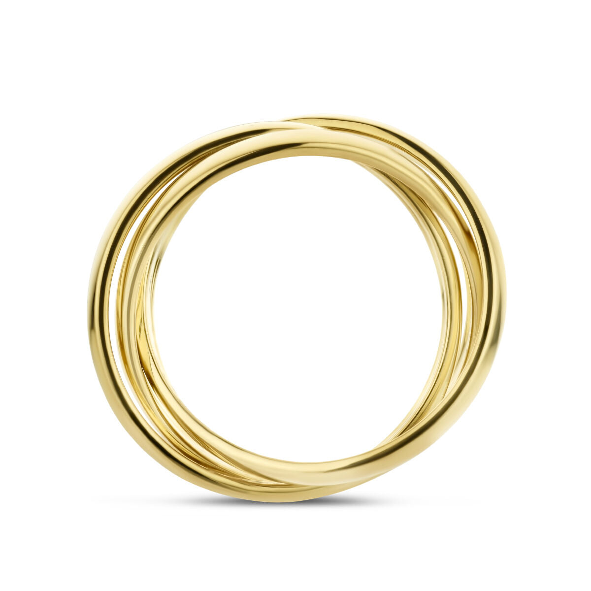 De trinity ringen 14K geelgoud van de Van der Kooij Collectie bestaat uit drie glanzende, in elkaar verweven gouden banden en schittert prachtig tegen een witte achtergrond.
