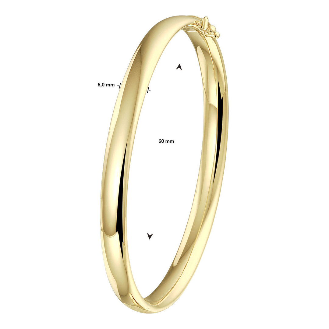 De Van der Kooij Collectie bangle scharnier ovale buis 6 x 60 mm is een gepolijste 14K geelgouden dames armband met een scharniersluiting. De armband heeft een ovale buis met een diameter van 60 mm en een breedte van 6 mm.