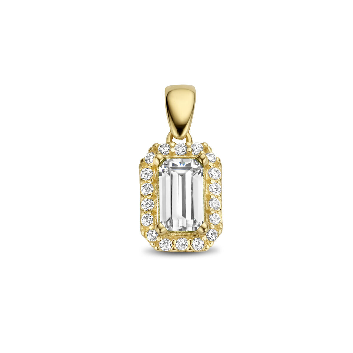 Hänger aus 14K Gelbgold mit rechteckigem Zirkonia und Halo aus kleinen Zirkonia-Steinen
