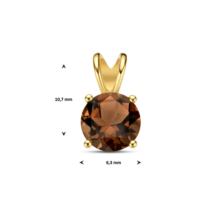 De Van der Kooij Collectie hanger rookkwarts 14K geelgoud heeft een ronde, gefacetteerde rookkwarts van 6,3 mm in vier poten en is in totaal 10,7 mm hoog.