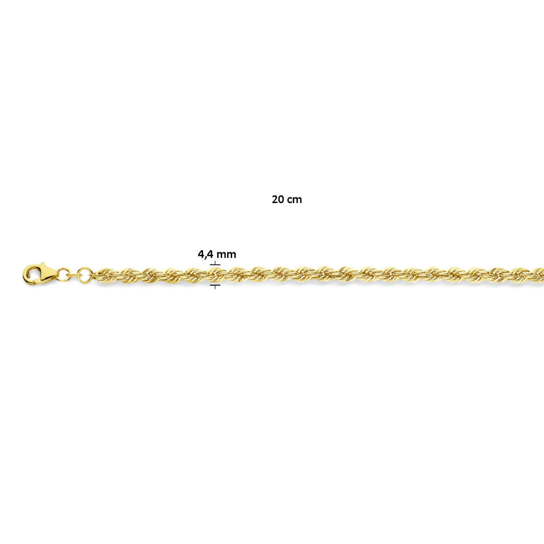 De Van der Kooij Collectie koord 4,4 mm 14K geelgoud unisex armband, 20 cm lang, wordt in een rechte lijn getoond met een karabijn sluiting links.